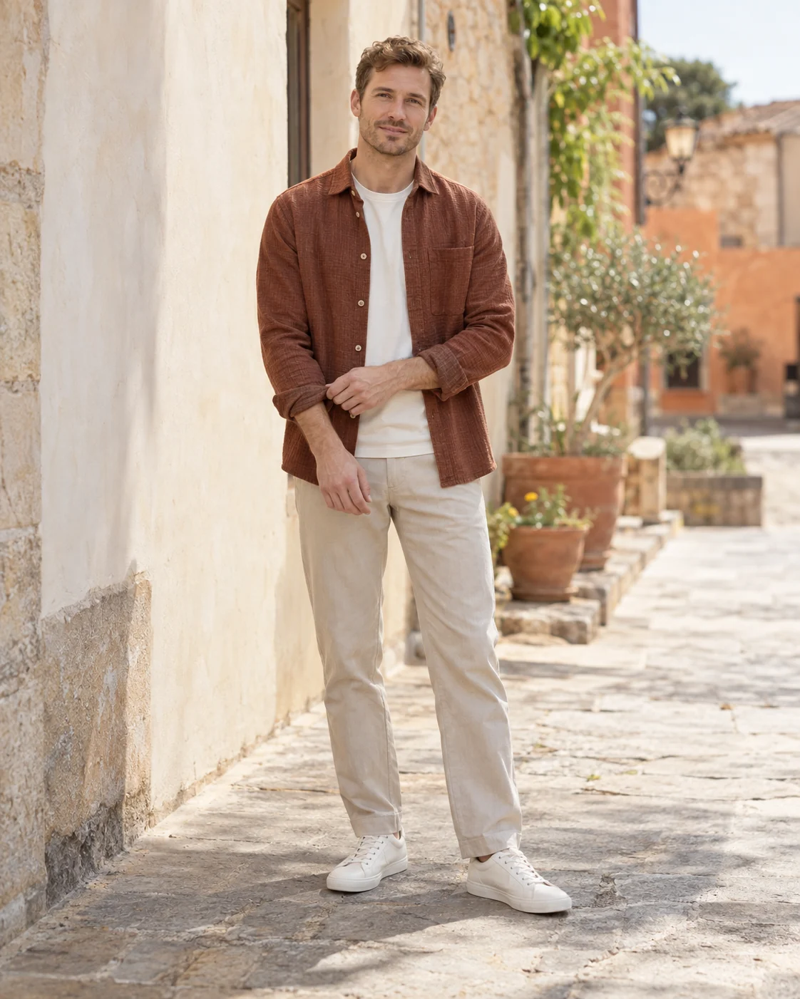 An everyday outfit in warm natural light