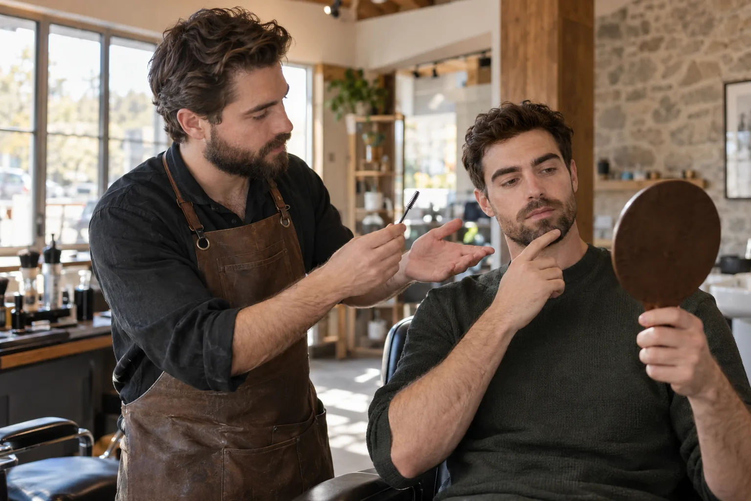 Client adulte échangeant avec son barbier sur un entretien discret des sourcils
