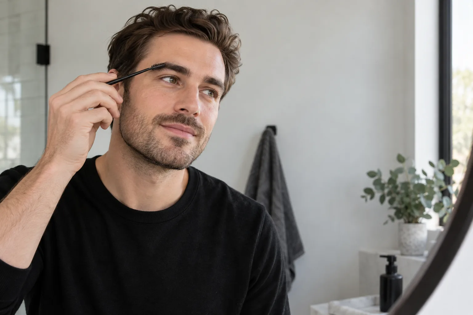 Homme adulte brossant un sourcil naturel dans une salle de bain lumineuse