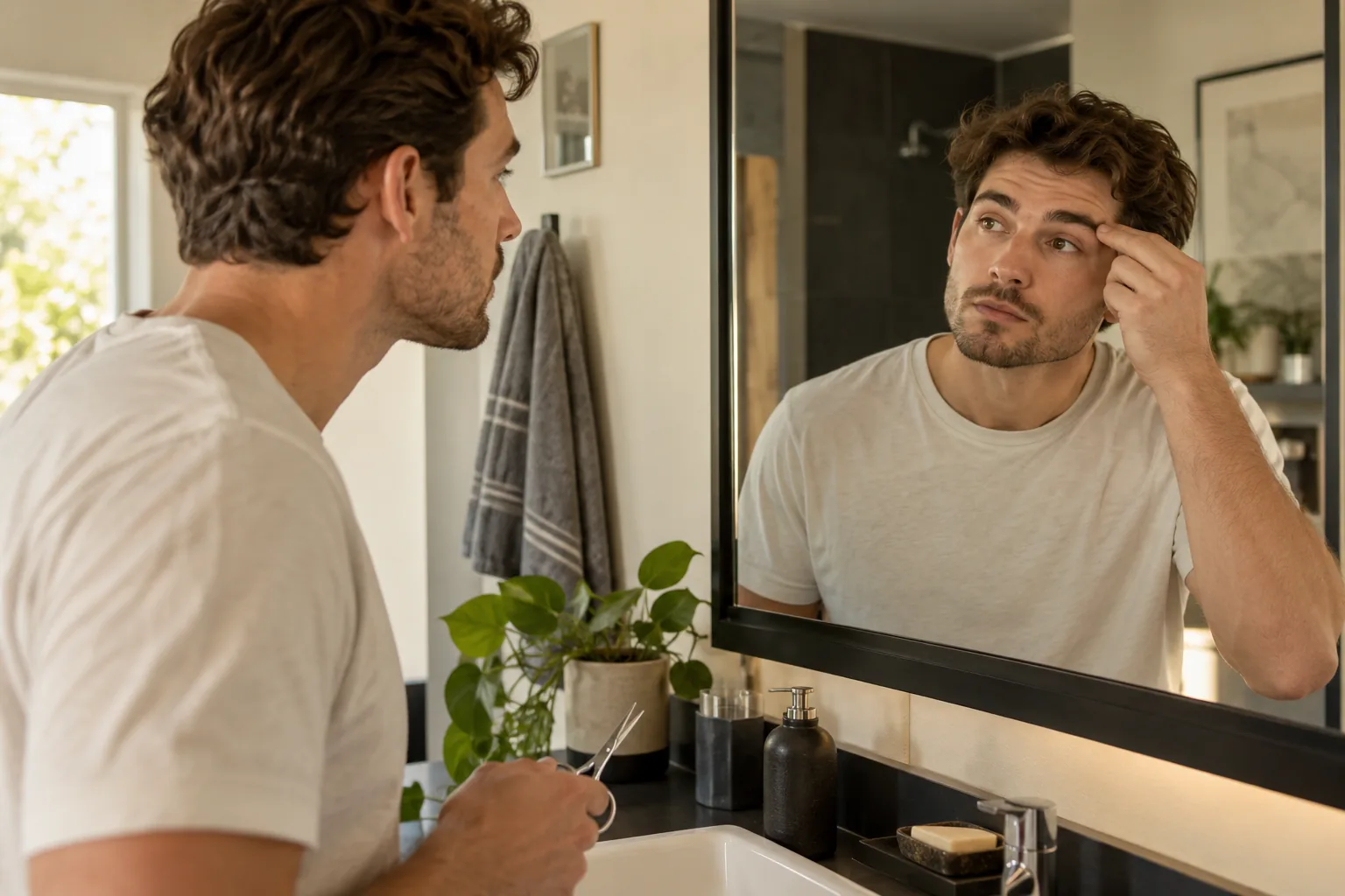 Homme adulte observant ses sourcils à distance normale dans un miroir