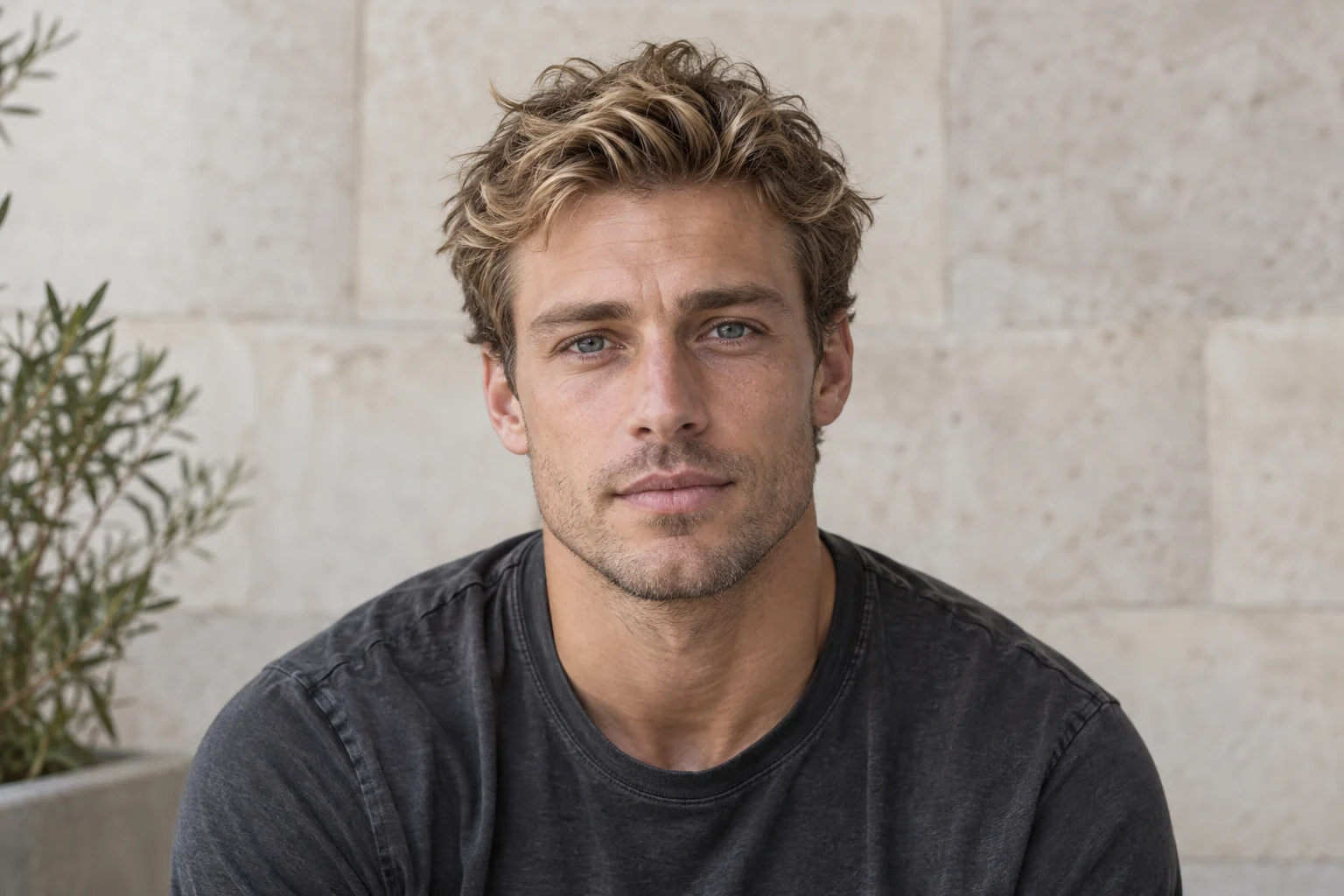 Front-facing portrait with relaxed blue eyes, visible brows and natural under-eye texture