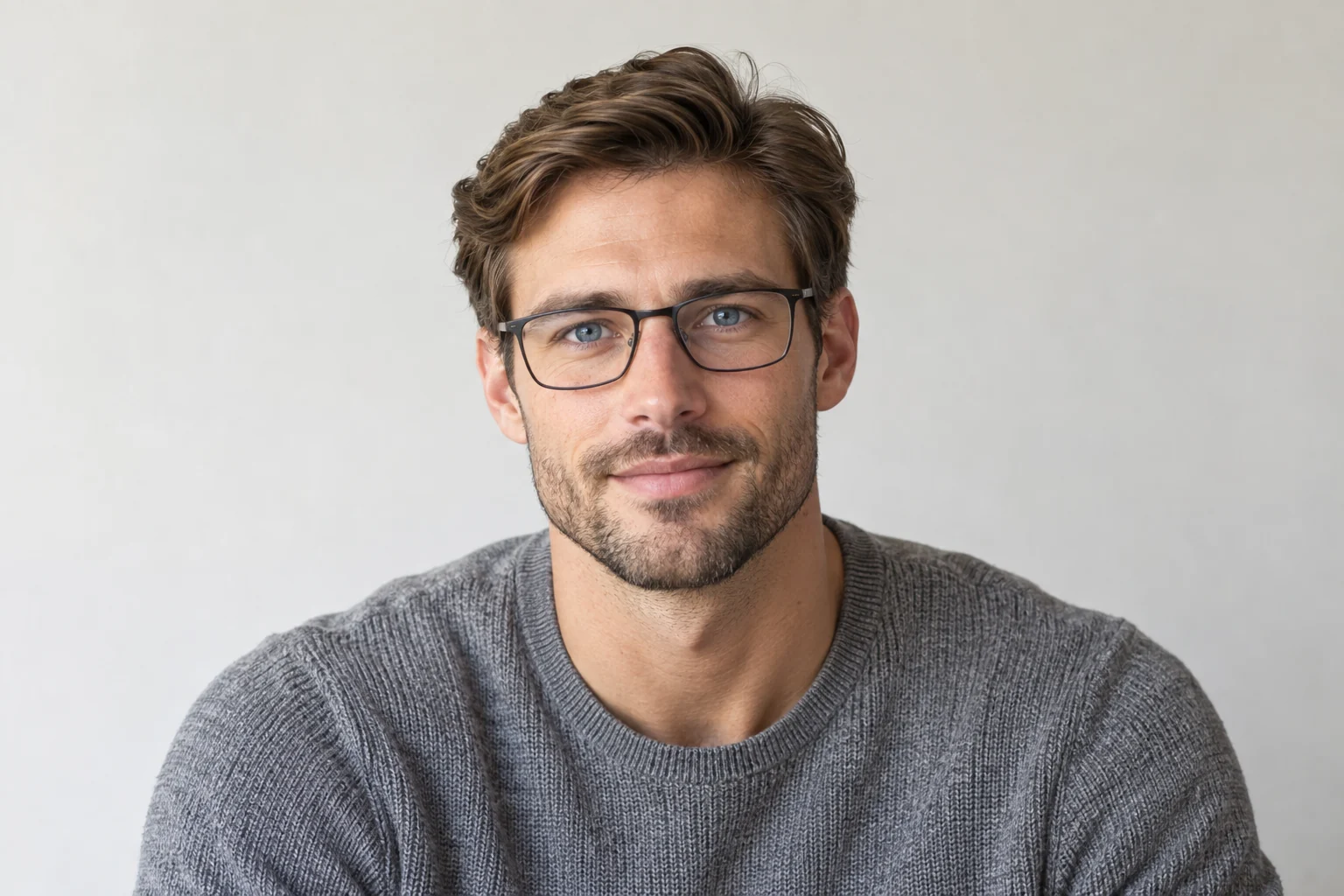 Man wearing well-fitting dark rectangular glasses with visible eyes and brows