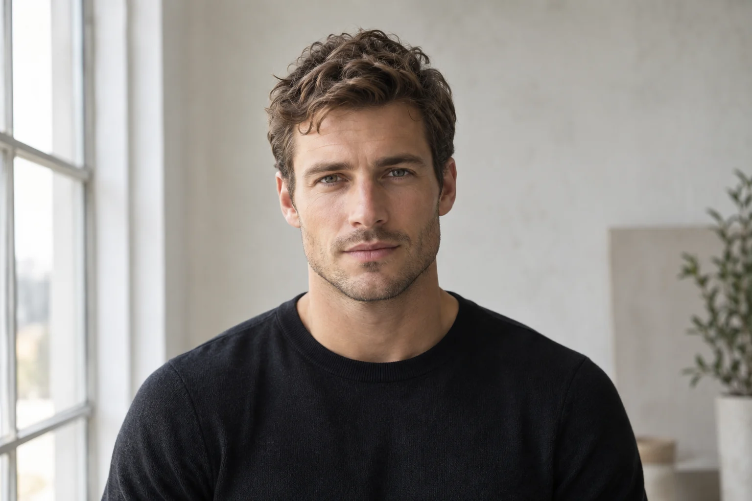 Man beside a bright window with even daylight across his face