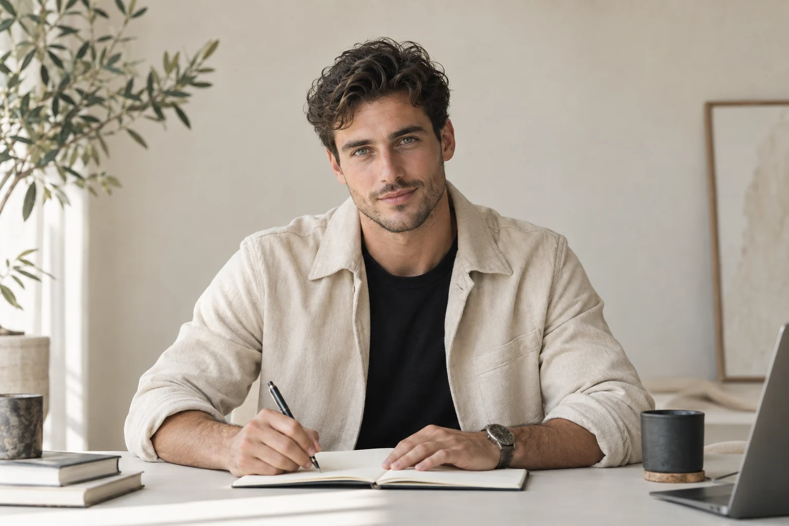 Man with an open planning notebook and a pen at a daylight desk