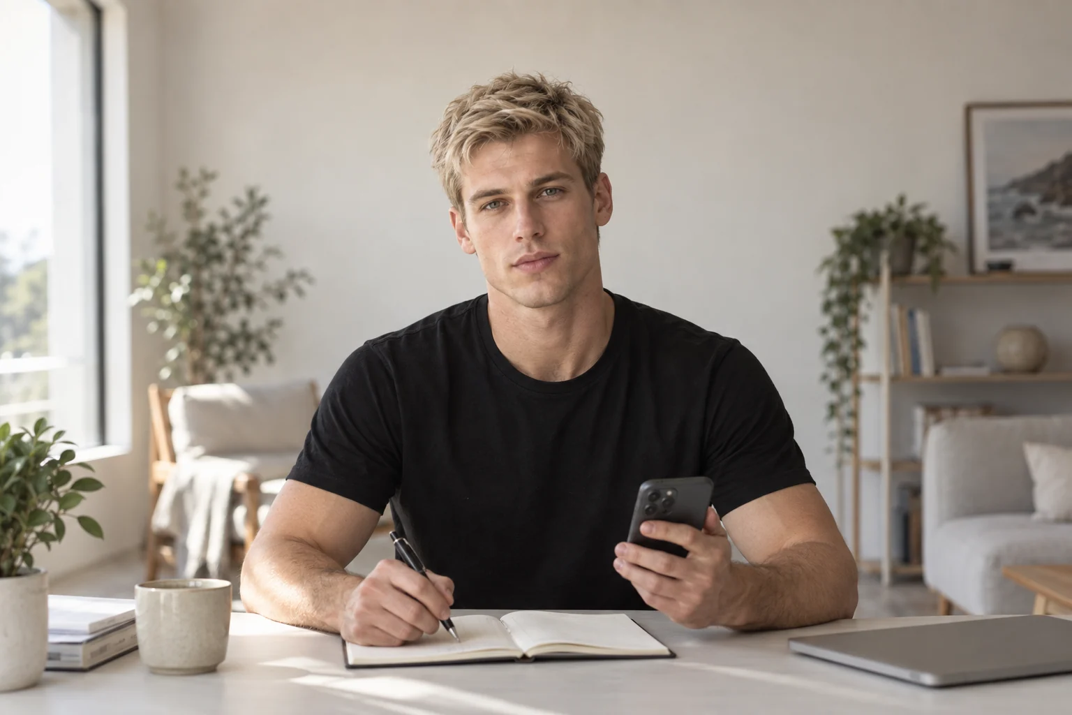 Man recording a note beside his phone in a bright room