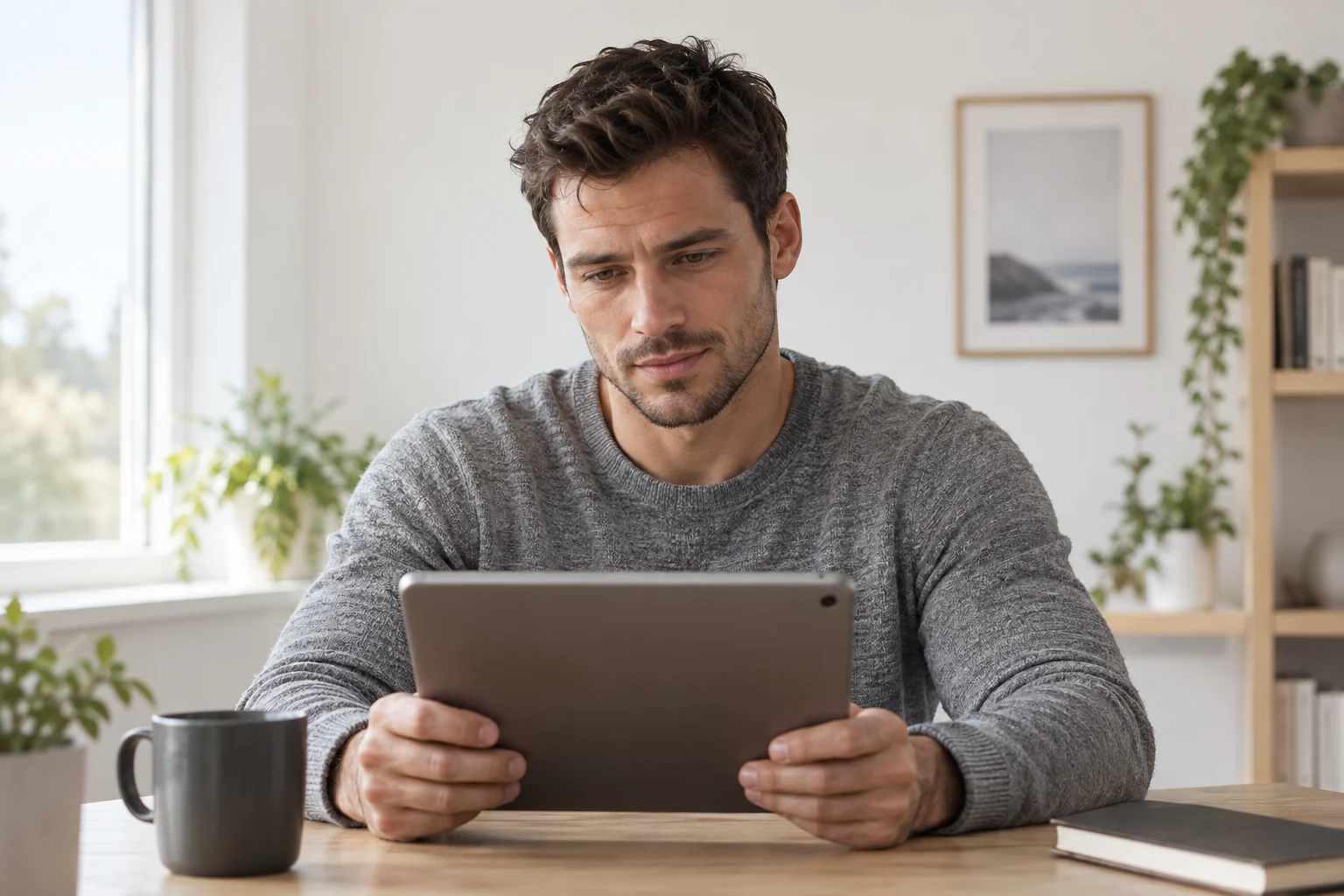 Man reviewing a tablet at a desk, with the screen facing away from the viewer