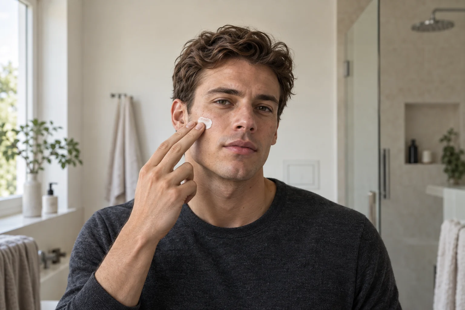 Man gently applying moisturizer to his cheek in soft natural light