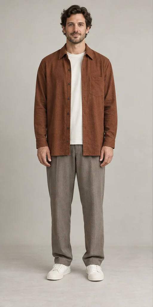 Full-length editorial portrait: longer rust overshirt, taupe trousers and ivory sneakers