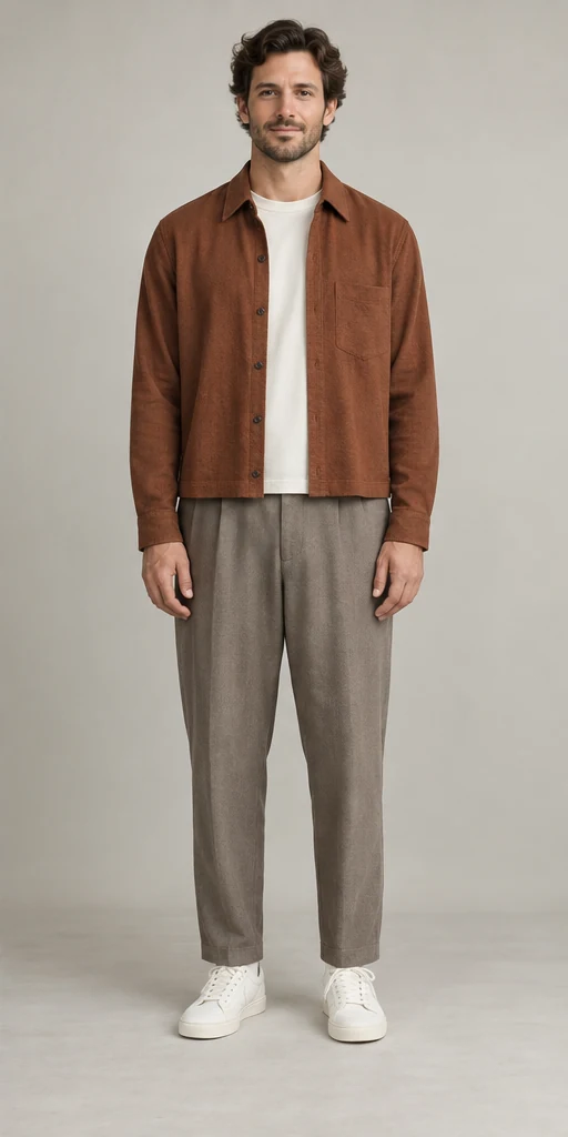 Shorter outer layer with a cleaner trouser break above the sneakers