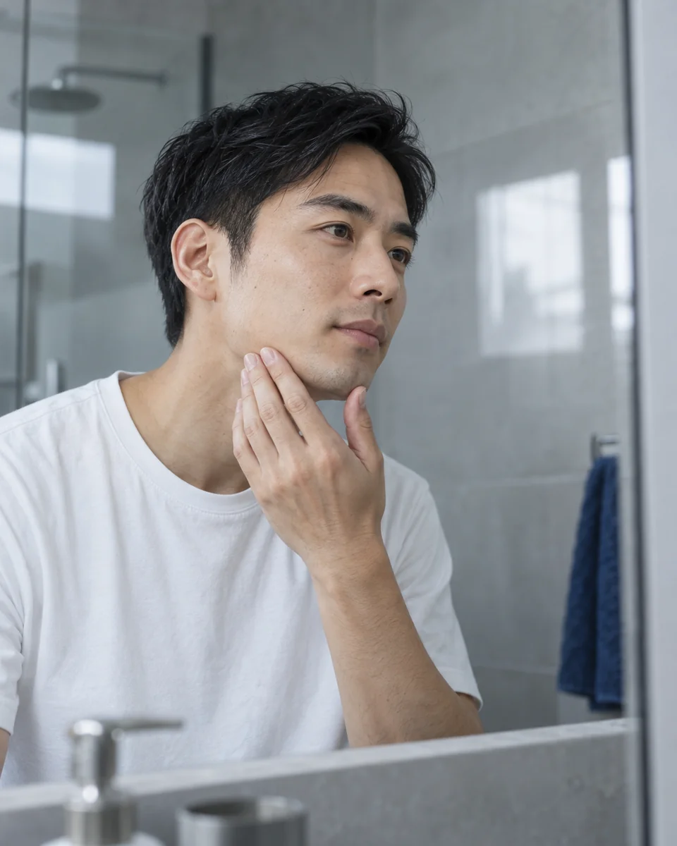 Adult man checking his grooming in a softly lit mirror